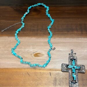 Vintage Torqouise Gunmetal Christian Cross Necklace & Pendant